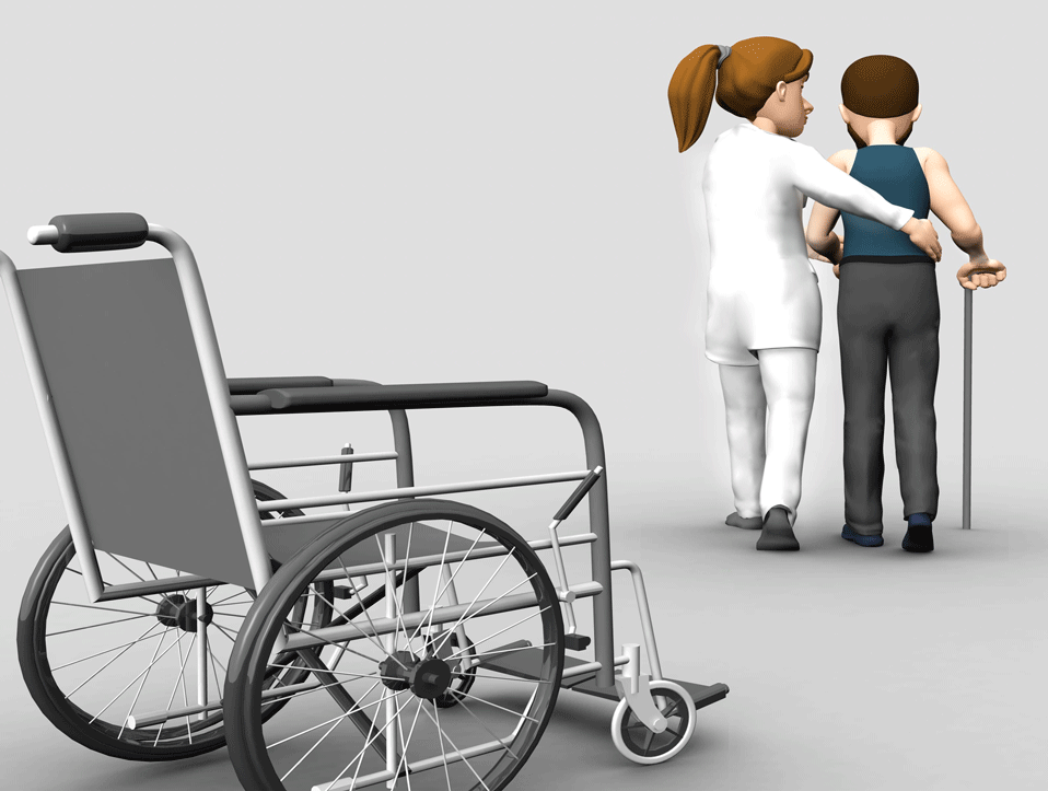 Illustration of a woman with a pony-tail in a white nursing outfit assisting a man with a cane attempt to walk. A wheelchair sits in the left foreground.